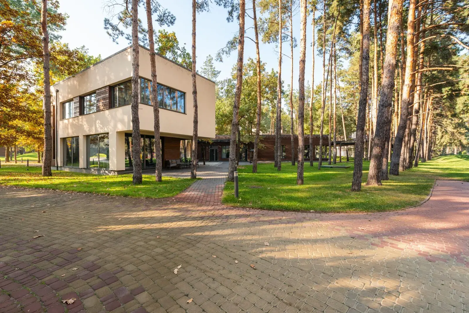 Contemporary house surrounded by tall trees, the kind of home we buy in Iowa Colony