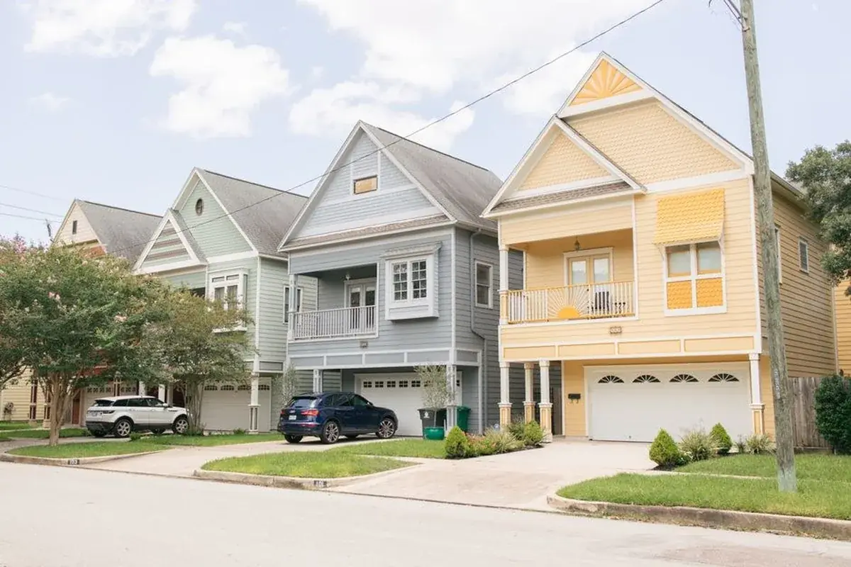 Colorful residential homes in Houston Heights, the kind of home we buy in Jacinto City